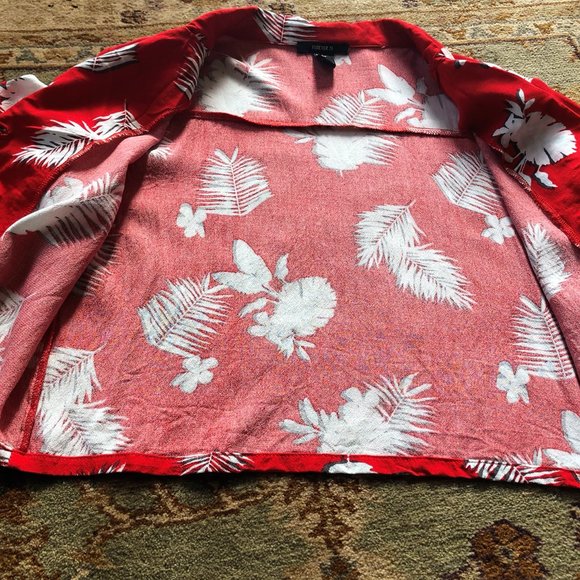 Bright Red Leaf-Print Hawaiian Crop Button-Down Shirt by Forever21 - Size Small - Picture 8 of 16
